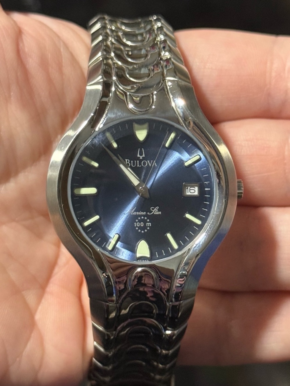 Vintage Bulova Marine Star 100m Quartz Watch Blue Dial Women’s Stainless Steel